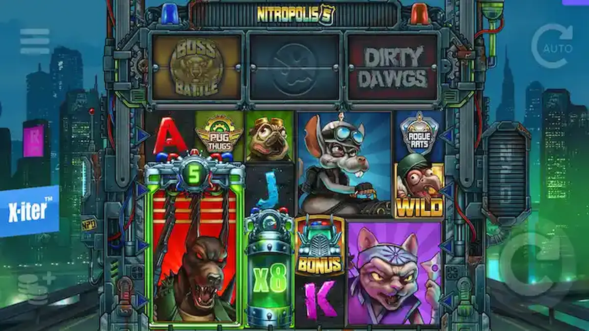 Captura de tela do jogo Nitropolis 5, mostrando os cilindros cheios de personagens animais e símbolos temáticos em um cenário de cidade distópica em guerra.