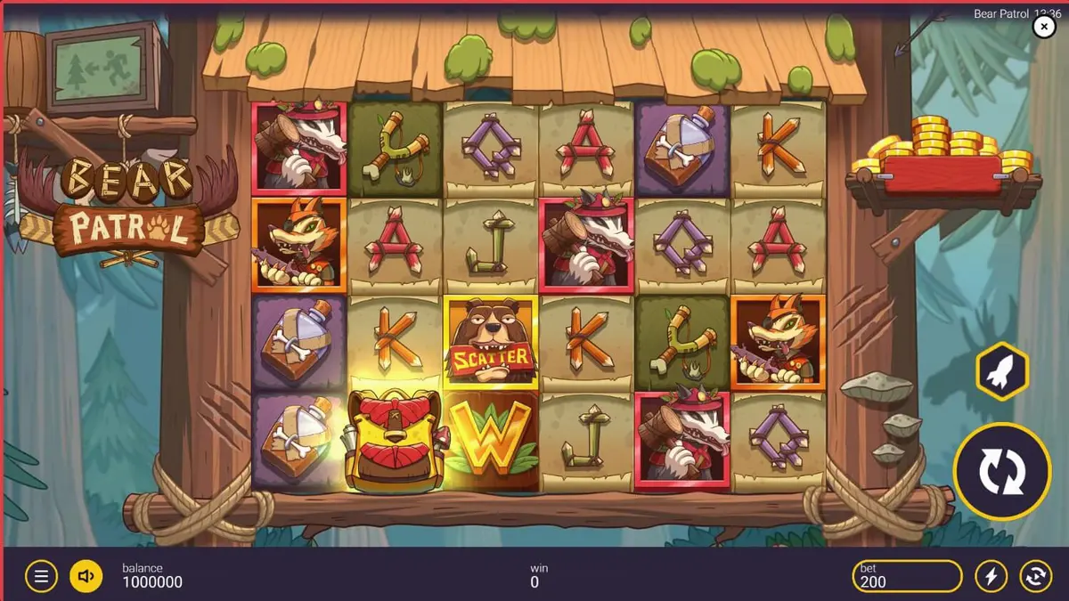 Cena vibrante do slot Bear Patrol com animais patrulheiros e elementos de acampamento